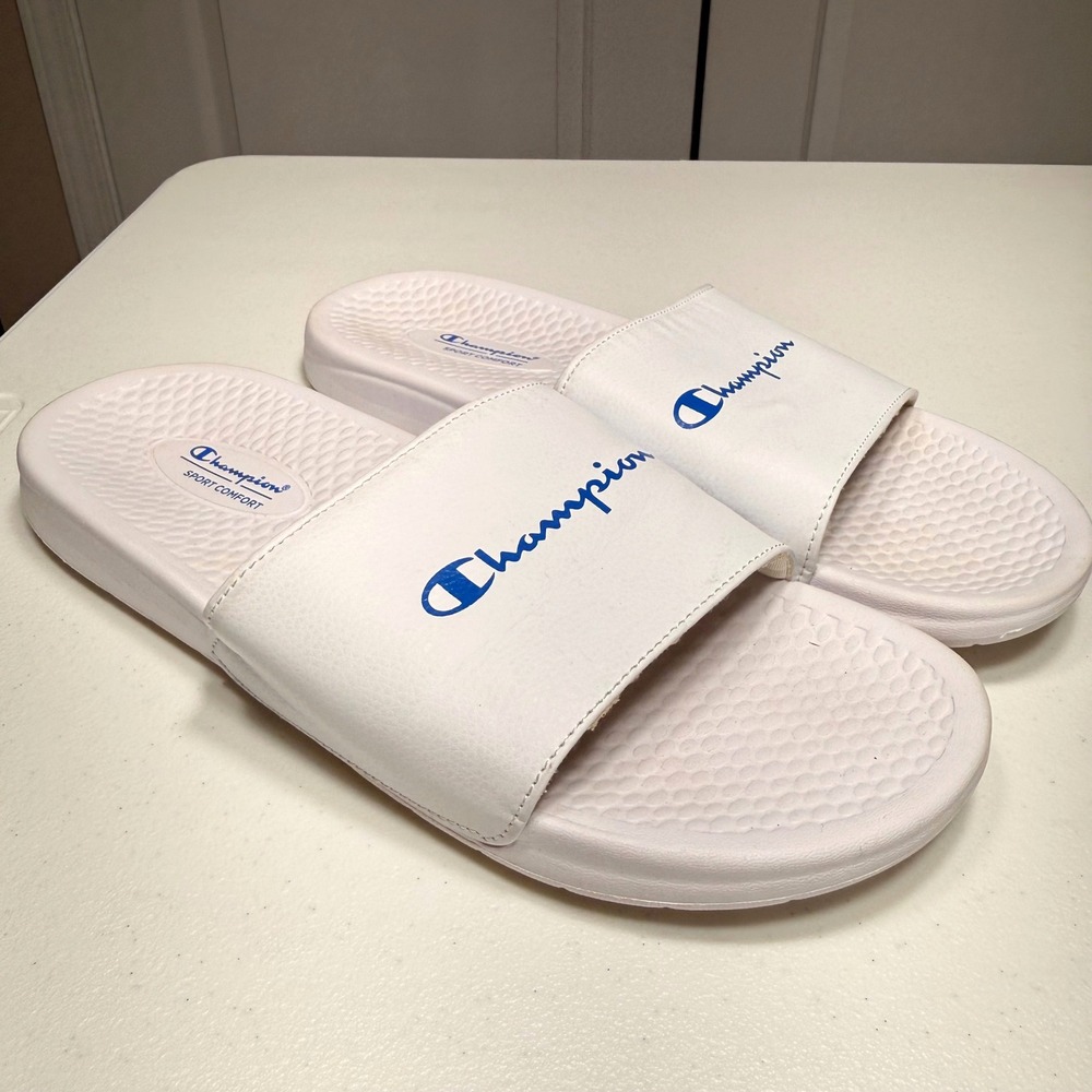 Champion Sport Comfort Slide Sandals White Blue Athletic Pool Shoes Mens 10